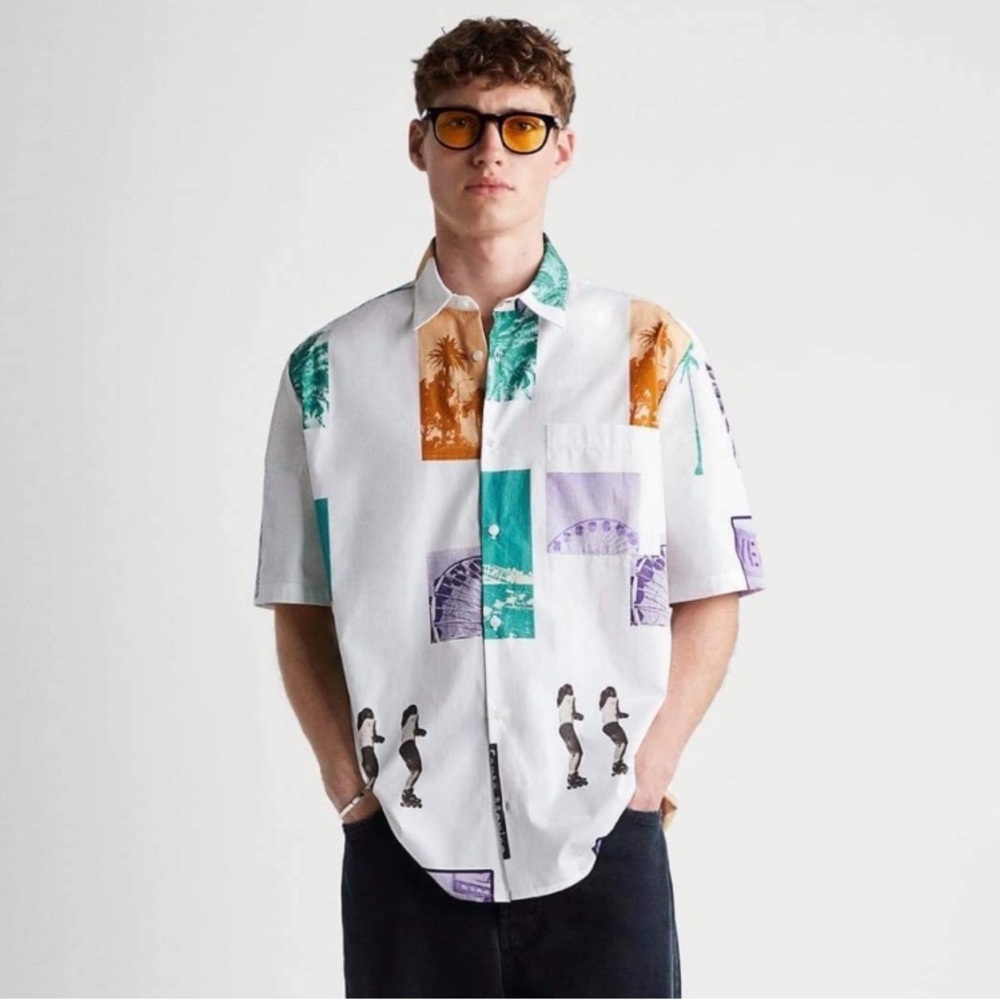 Zara Men’s Photographs California Print Palms Shirt Button Up Shirt Size XL